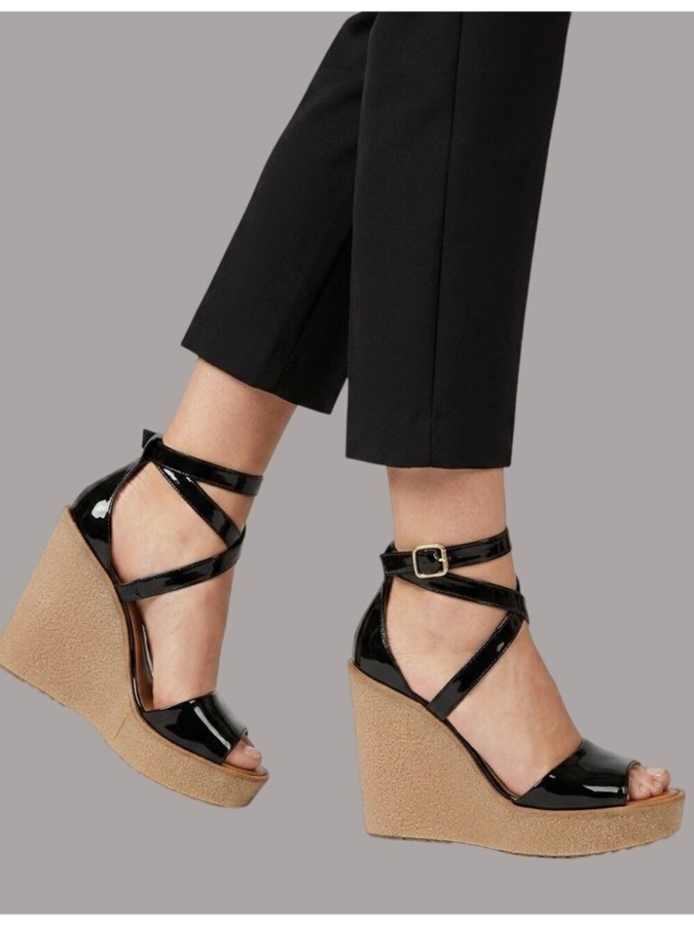 Pierre Hardy Black Patent Leather Wedge Sandals Size 40 Cork Sole Strappy Design